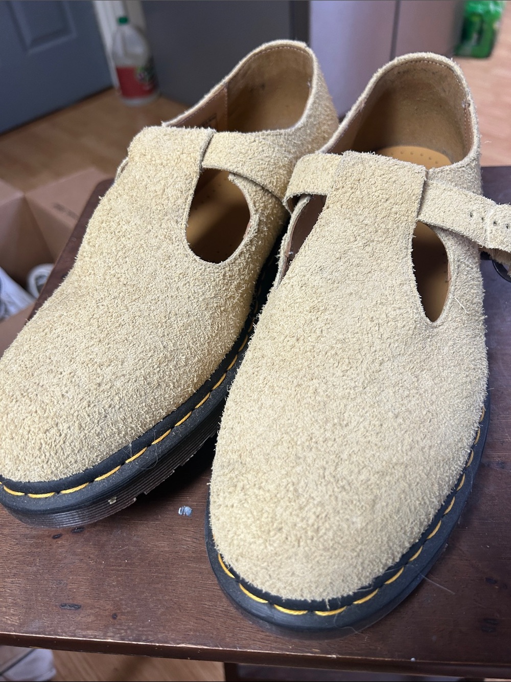 Dr. Martens T-Bar Suede Shoes in Beige and Black Accents UK 11 USA men’s 12
